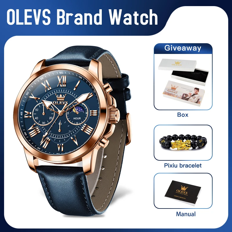 

OLEVS 3632 Mens Watch Original Quartz Wristwatch Waterproof Luminous Moon Phase Multifunctional Chronograph Watch Mens Gifts New