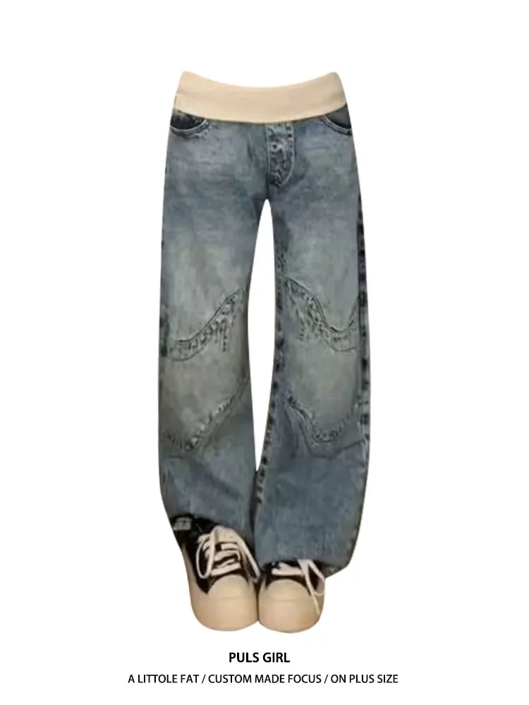 

Retro American Large Size Jeans Women's Loose Wide Leg Pants Low Waist Washed Design Knife Casual Trousers for Ladies