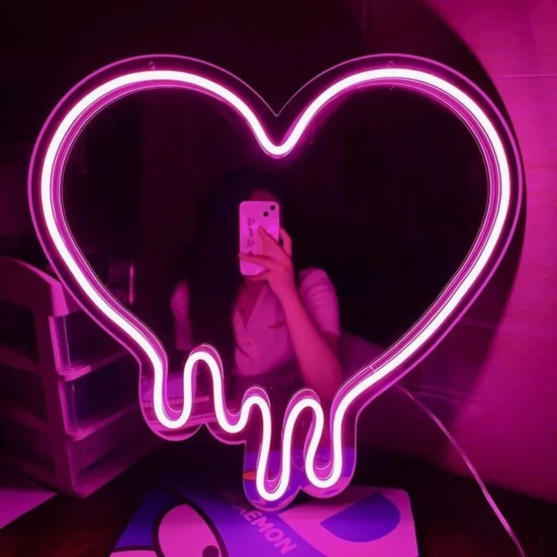 LED Heart Neon Sign Light for Bedroom Girl\'s Room Party Studio Shop Decor Melt Heart with Mirror Sign Perfect Birthday Gift