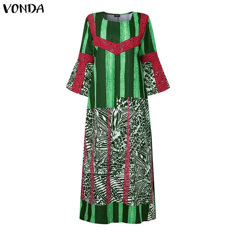 Plus Size 5XL VONDA Women Fashion Maxi Dress Flare Sleeve Casual Loose Print Long Sundress Vintage O-Neck Party Robe Oversized