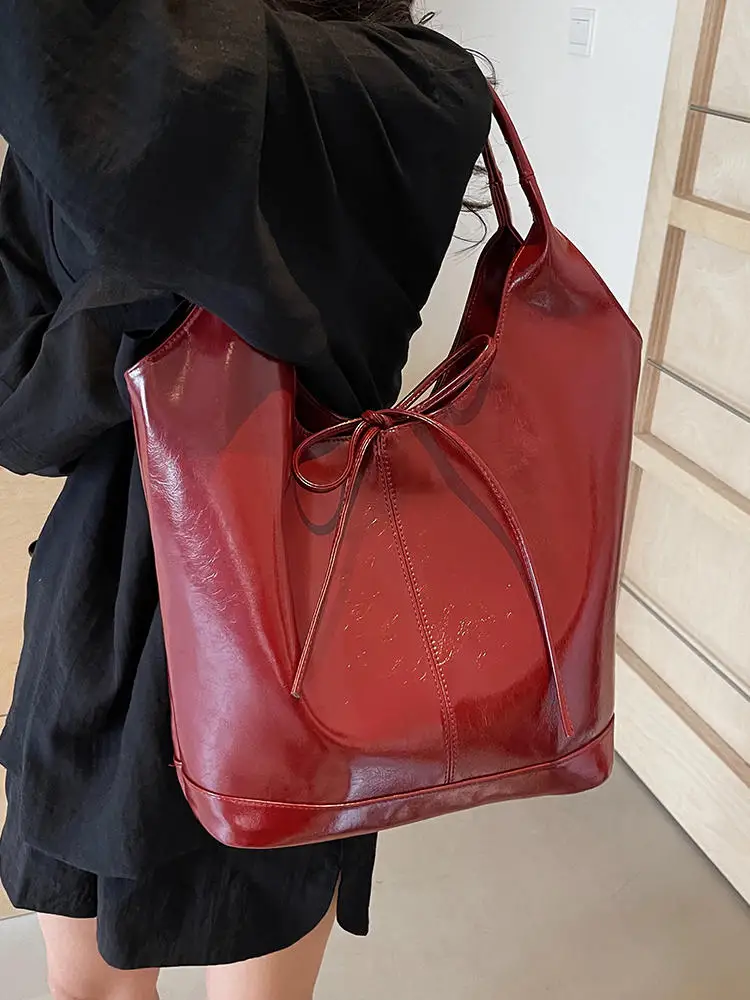 Wine Red Women Shoulder Bags Vintage PU Leather Large Capacity Handags 2024 New Lady Shopping Tote Bucket Bag