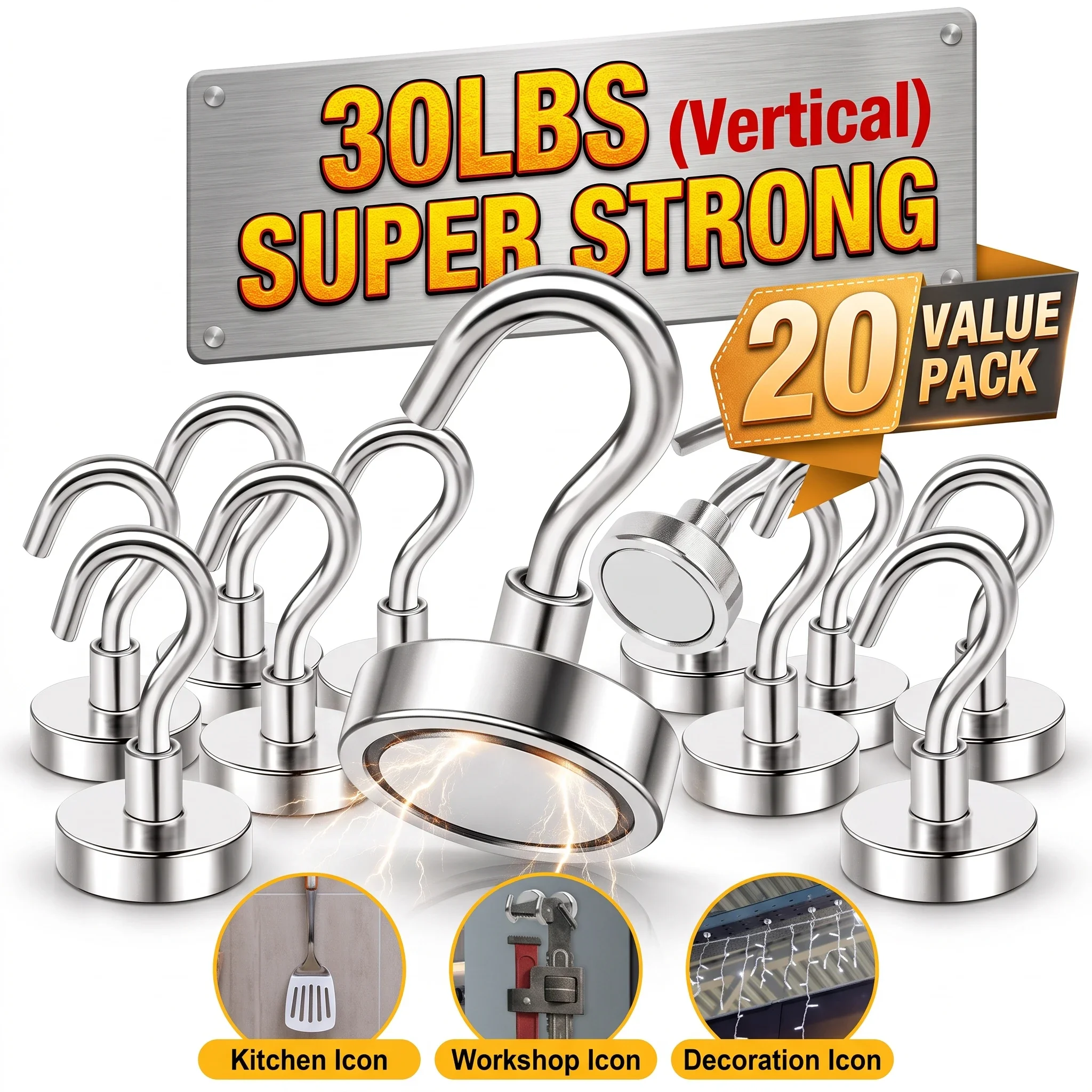 20Pcs Super Strong Neodymium Magnetic Hooks Heavy Duty N52 Magnet Hook for Refrigerator Kitchen Cruise Hanging No Drill Holder