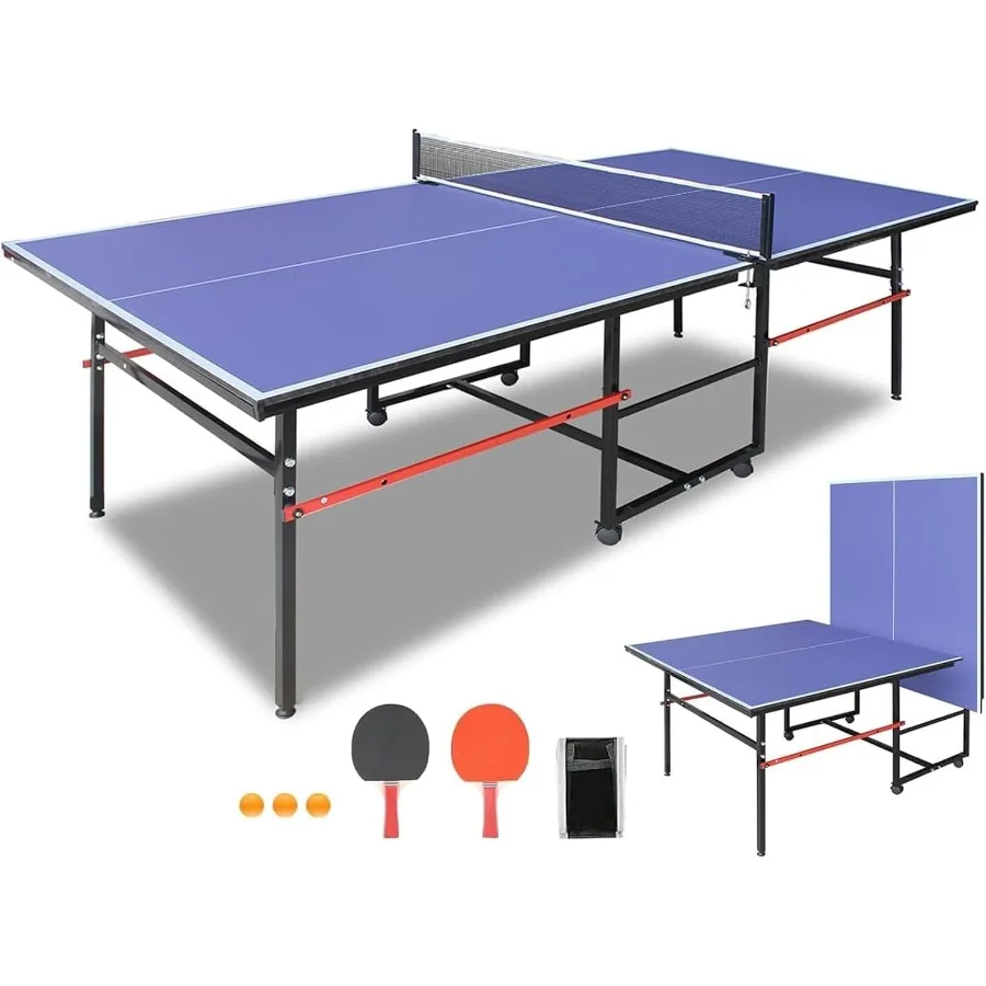 Portable Indoor Table Tennis Table 4.5/6/8/9FT Foldable Ping Pong Game Set with Net and Post Set 2 Paddles 3 Balls Black and Re