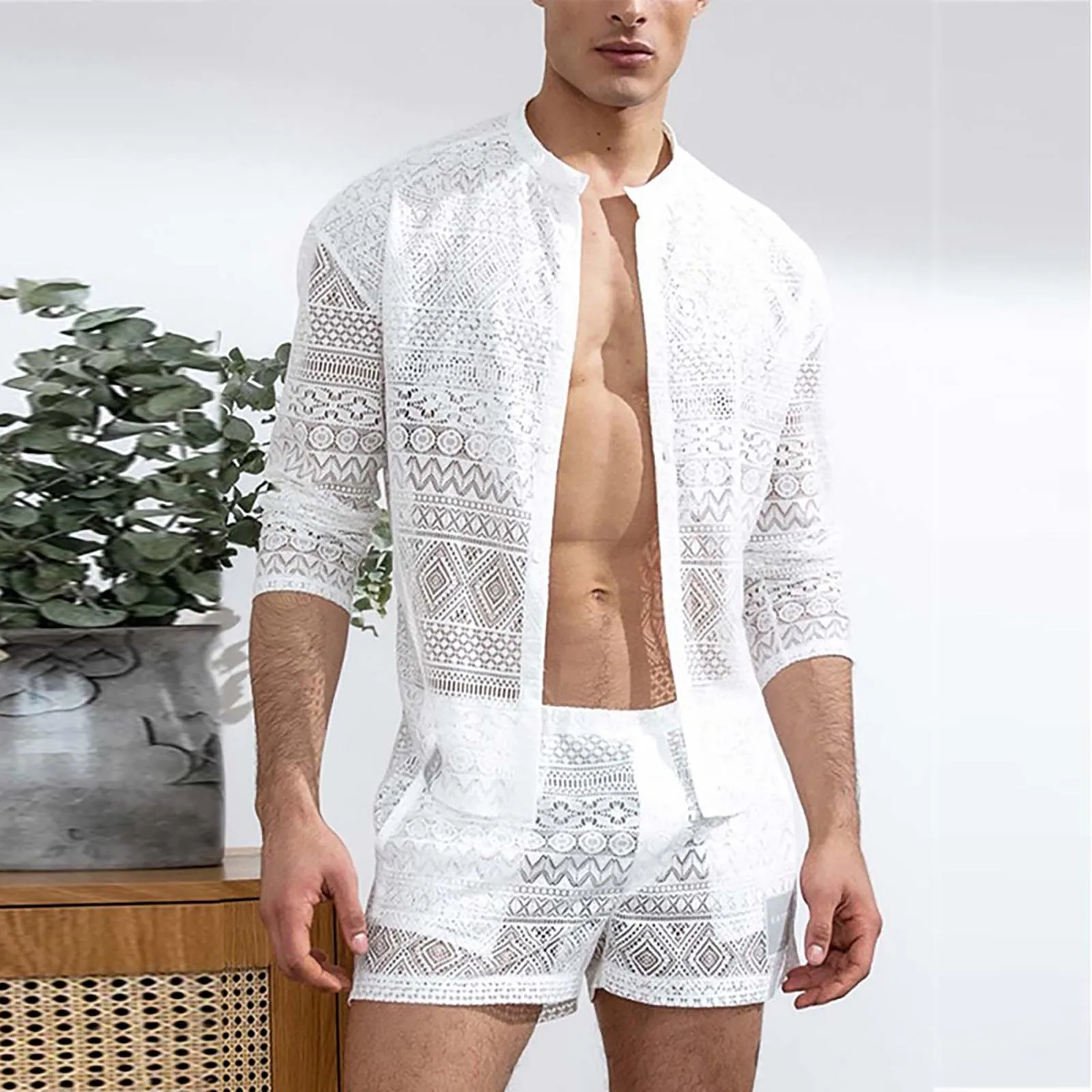 Sexy Lace Hollow Out Suit Fashion Long Sleeve Shirt Casual Shorts Men\'S Clothing Suit Solid Color Matching Summer Suit For Male