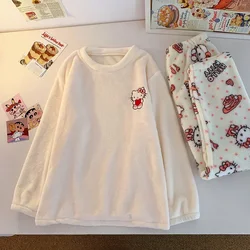 Sanrio Hello Kitty Winter Pure Cotton Coral Fleece Warm Long Sleeves Women's Pajamas Silk Pajamas Women's Sleepwear Suit