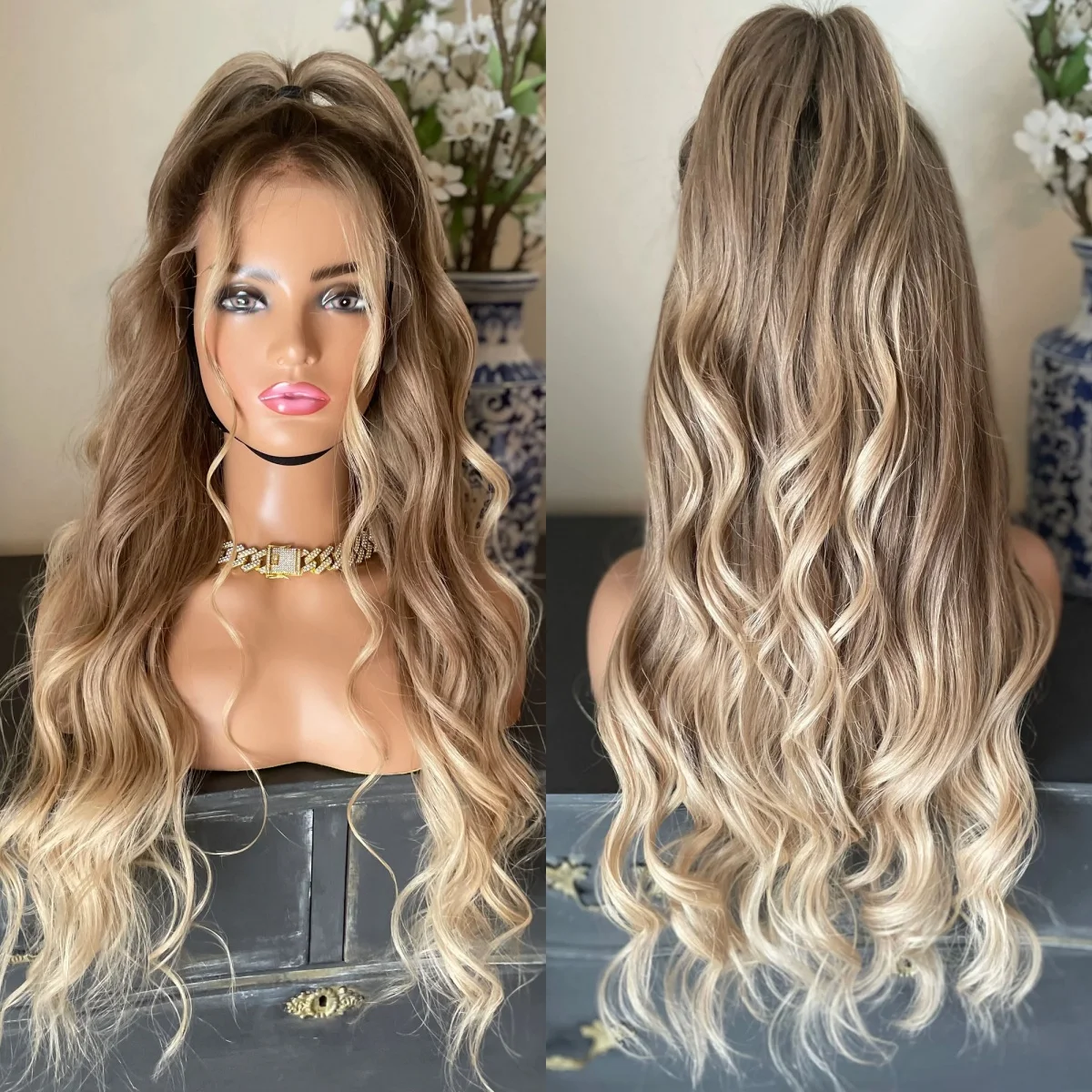 

Fashion Ash Blonde Highlight 13x4 Synthetic Hair Lace Front Wigs for Women 24Inch Natural Wave Lace Frontal Wig With Dark Roots