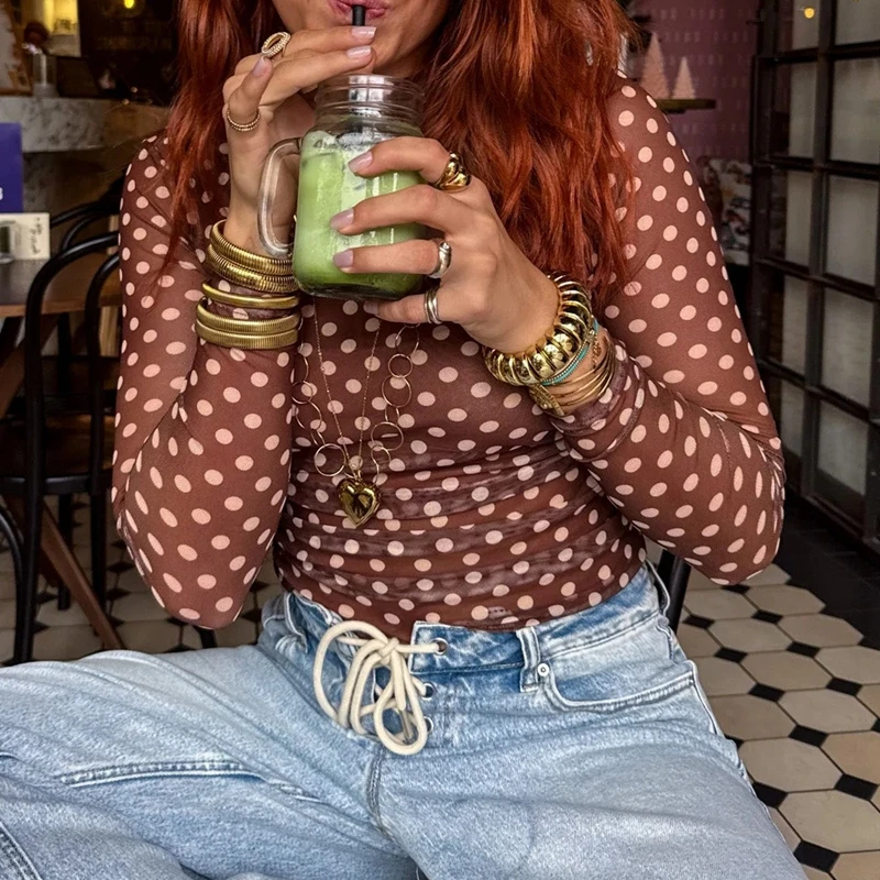 Polka Dot Print Mesh Sheer T-shirt Cover-ups See Through Long Sleeve Crop Tops Sexy Club Party Smocked Tees Shirt Streetwear