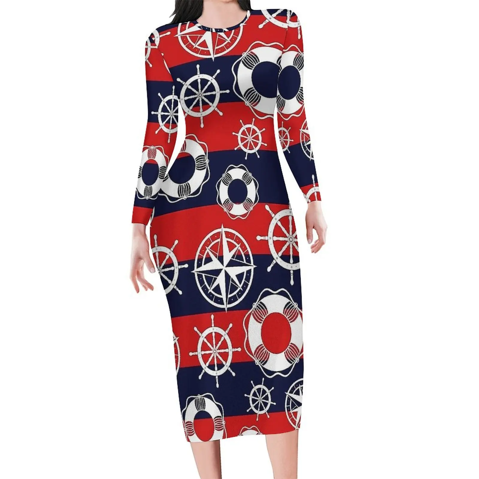 Anchor Dress Long Sleeve Nautical Marine Streetwear Dresses Spring Vintage Bodycon Dress Female Custom Oversize Vestidos