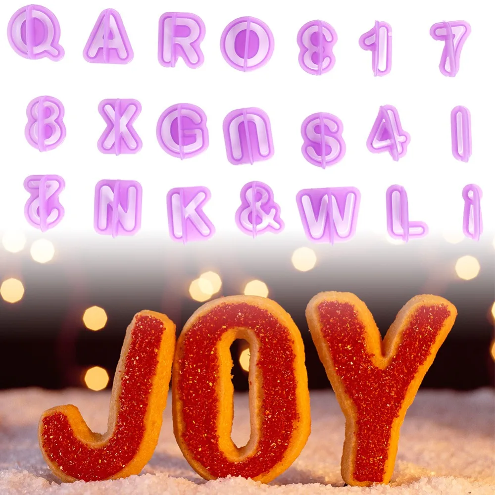 40pcs PP Alphabet Cookie Cutters Purple Plunger Design Number Cookie Cutters Alphabet Number Symbol Chocolate Mold Set