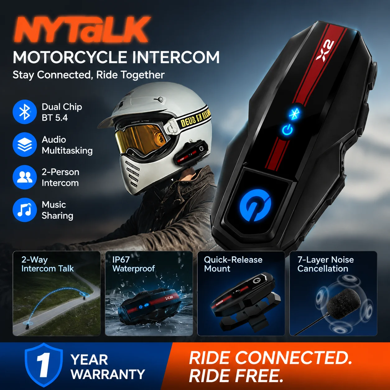 Interphone pour casque de moto X2, interphones 1000M avec Bluetooth 5.4, mains libres, étanche IP67, partage de musique pour 2 motards