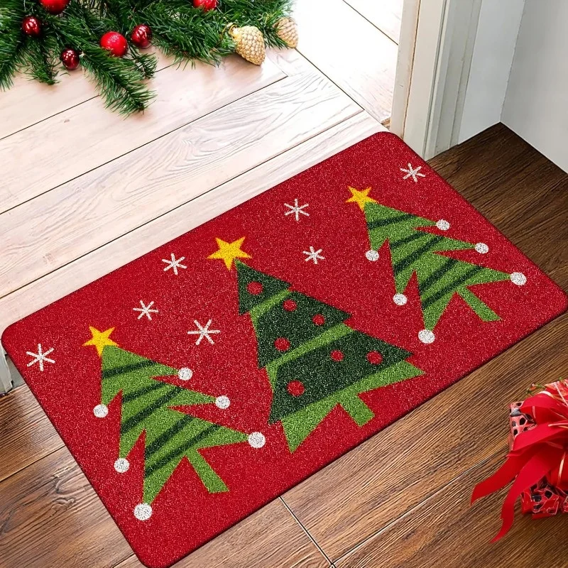 ممسحة عيد الميلاد الاحتفالية بخلفية حمراء وشجرة خضراء، سجادة مستطيلة من البوليستر المتين لديكور المطبخ في غرفة المعيشة #3