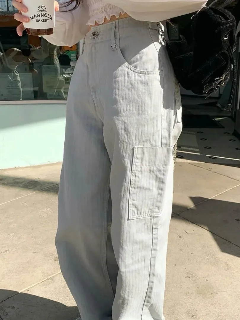 

High Waist Draped Denim Jeans Women Loose Slim Straight Casual Long Pants Cotton Summer No Brand Pocket Button Strip Pattern