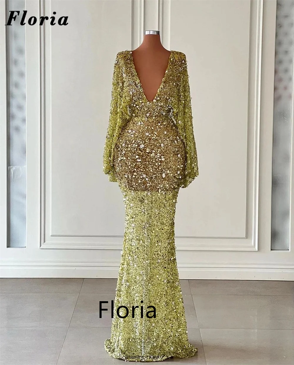 Floria Arabic Long Sequins Prom Dresses Dubai Design V Neck Long Sleeves Party Night For Weddings Robes Du Soir Evening Dresses