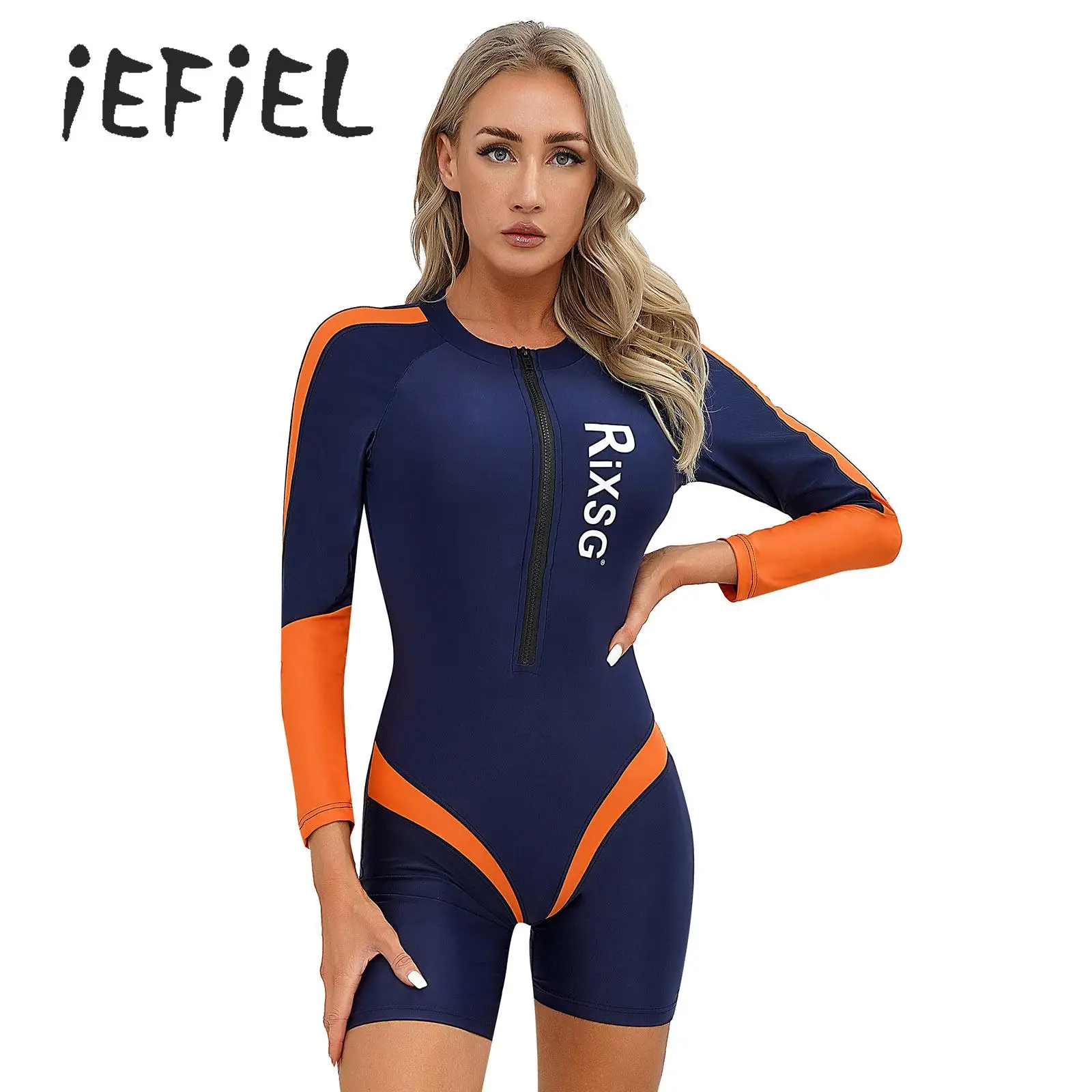 

Women One-piece Swimsuit Swimwear Long Sleeve Front Zipper Chest Pads Surf Suit Shorty Rash Guard Athletic Swimming Bathing Suit
