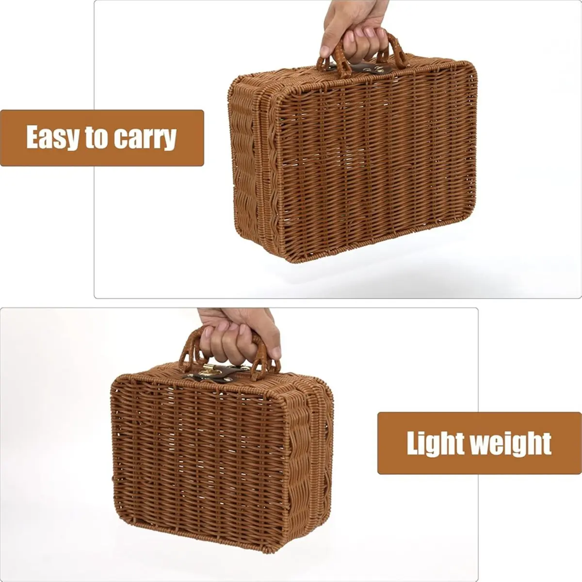 Nices Wicker Picnic Basket, Decorative Prop Suitcase Vintage Storage Hamper Makeup Organizer, Metal Lock Plastic Rattan
