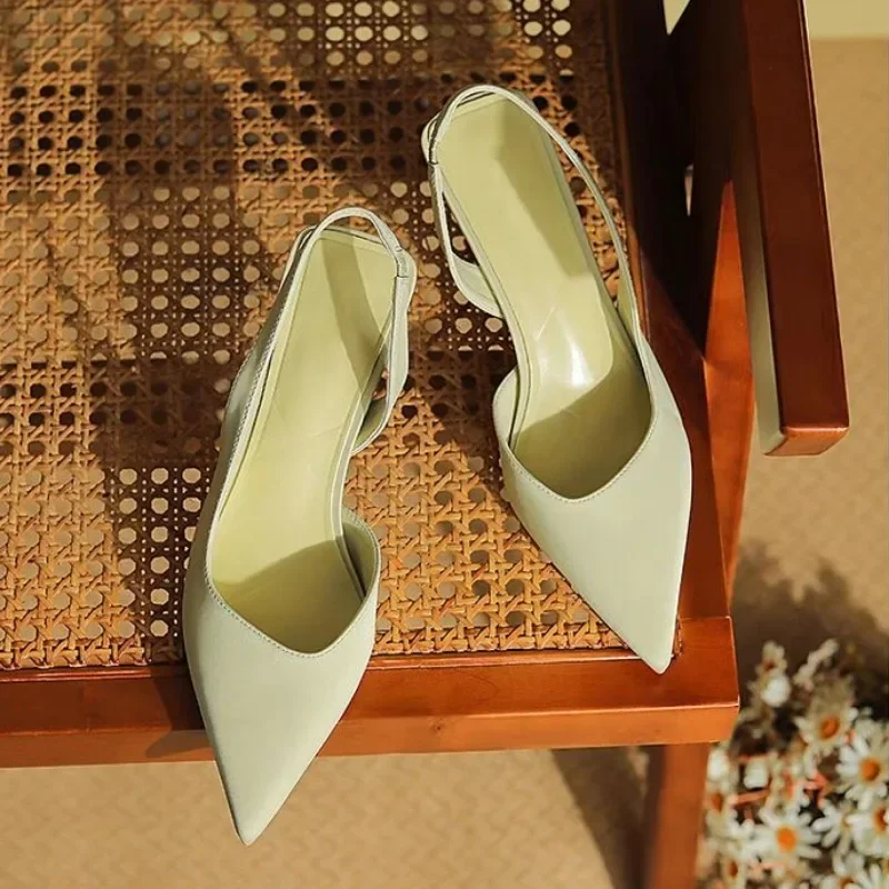 Women Summer Shoes 2023 New Fashion Pointed Toe Stiletto Medium Heel High Heels Women Back Empty Toe Sandals Green Women\'s Shoes