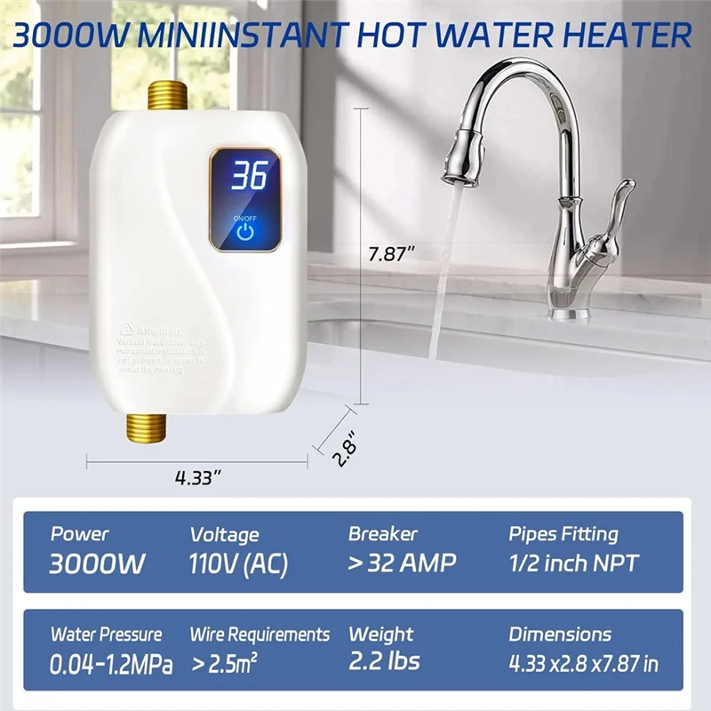ABGG-US Sink Water Heater 3000W 110V Mini Fast Heating Electric Water Heater Digital Display For Kitchen And Bathroom US Plug