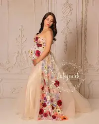 Glamorous Champagne Maternity Robes Floral Appliques A Line Tulle Pregnant Women Evening Gowns Customized Photo Shoot Dresses