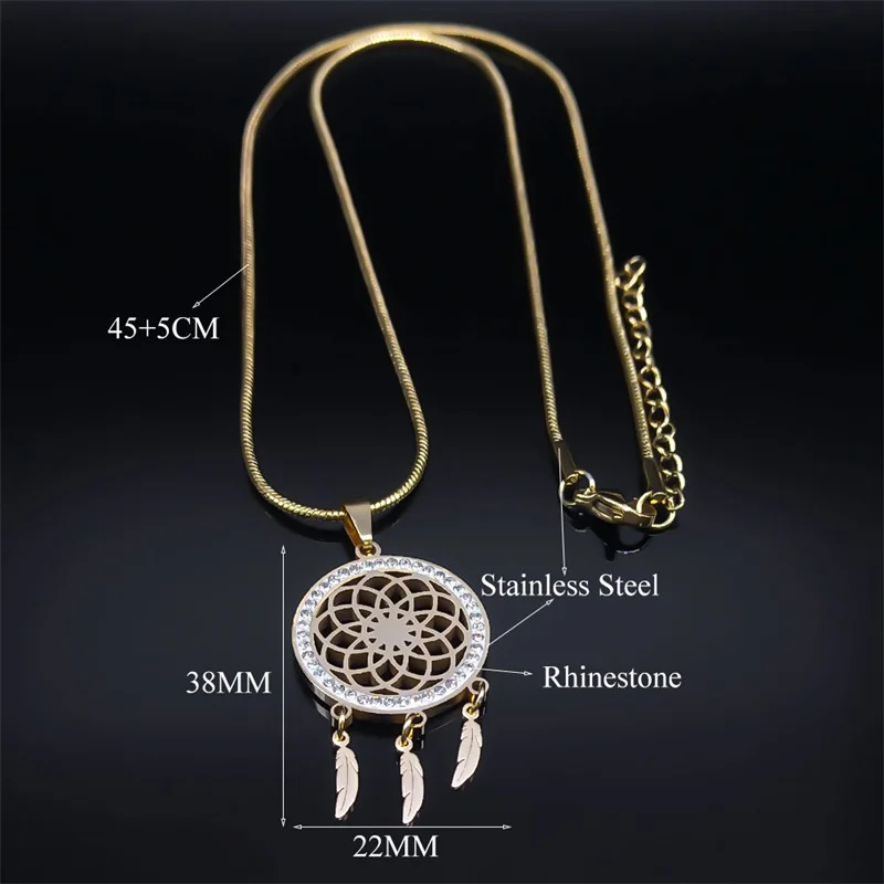 Sacred Geometry Flower Seed of Life Dream Catcher Necklace for Women Stainless Steel Feather Tassels Chain Jewelry N8230S01