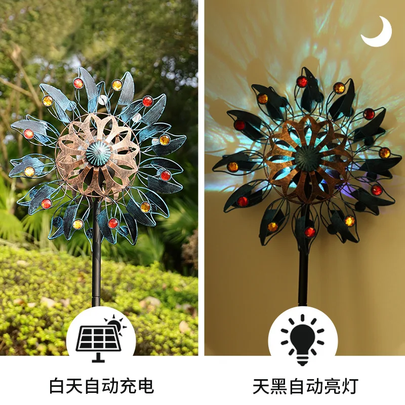 2024 New Rotating Windmill Fashionable Outdoor Solar Glow Windmill Garden Lawn Decoration Yard Metal Crafts Iron Windmill Decor