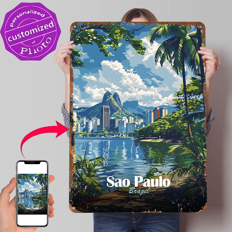 Sao Paulo Stadtansicht Gedrucktes Poster Individualisierte Wandkunst Retro Vintage Metallschilder für Moderne Heimdekoration Ornamente Haus