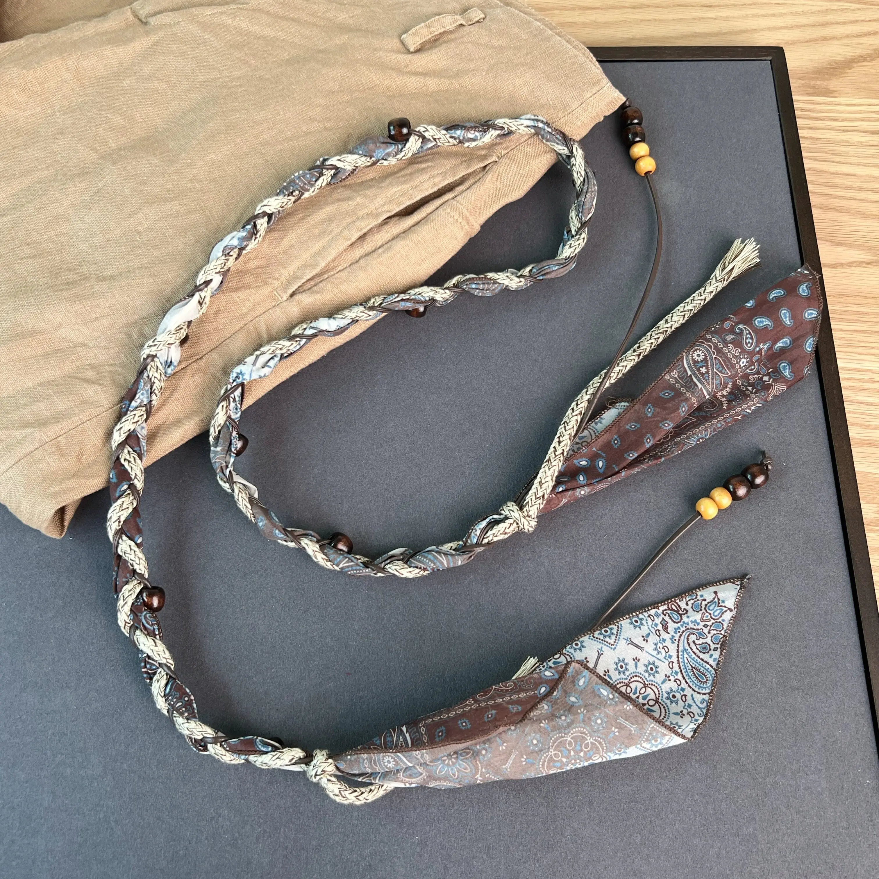 Bohemian Waxed Cord Woven Waist Belt for Women Vintage Beaded Tassel Hip Chain Color-Block Adjustable Belt for Jeans & Dresses