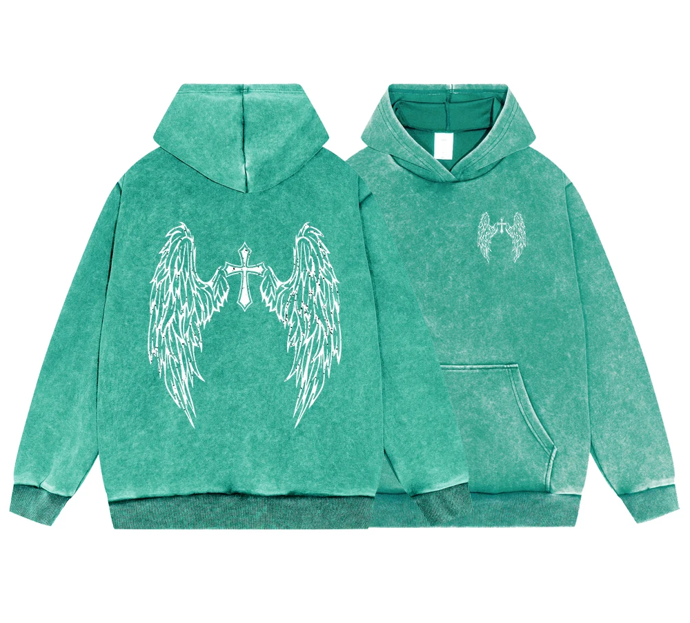 

The Cross Has Angel Wings Men Vintage Washed Cotton Sweatshirts Fleece Pullover Simple Crewneck Hoodie Street Oversize Autumn