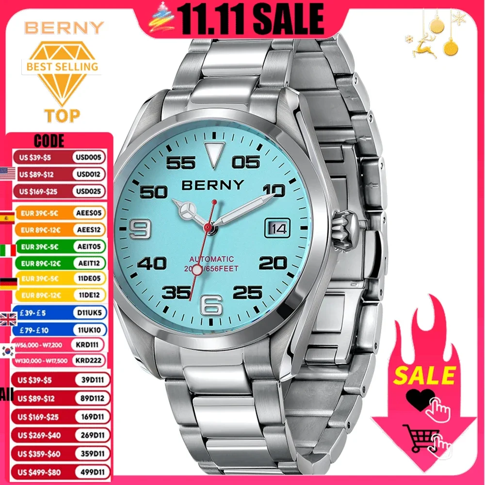 

BERNY Men Automatic Mechanical Watch BERNY NH35 20ATM Waterproof Auto Date Stainless Steel Wristwatch Male Fashion Watch For Men