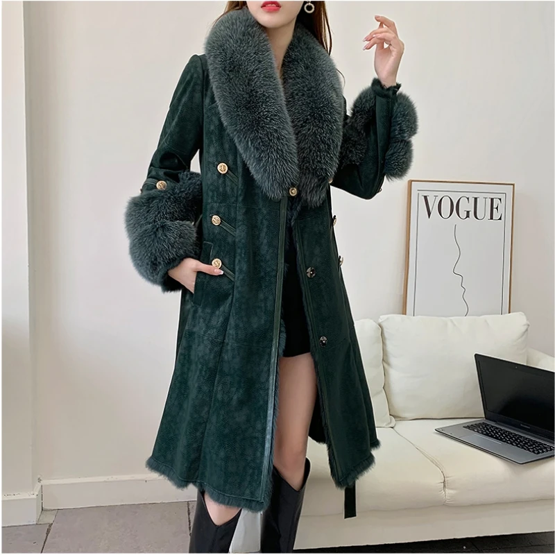 Genuine Double-faced Fur X-Long Coat Women\'s Winter New Real Rabbit Fur Liner Parka Big Fox Fur Collar High Waist Design IL00652