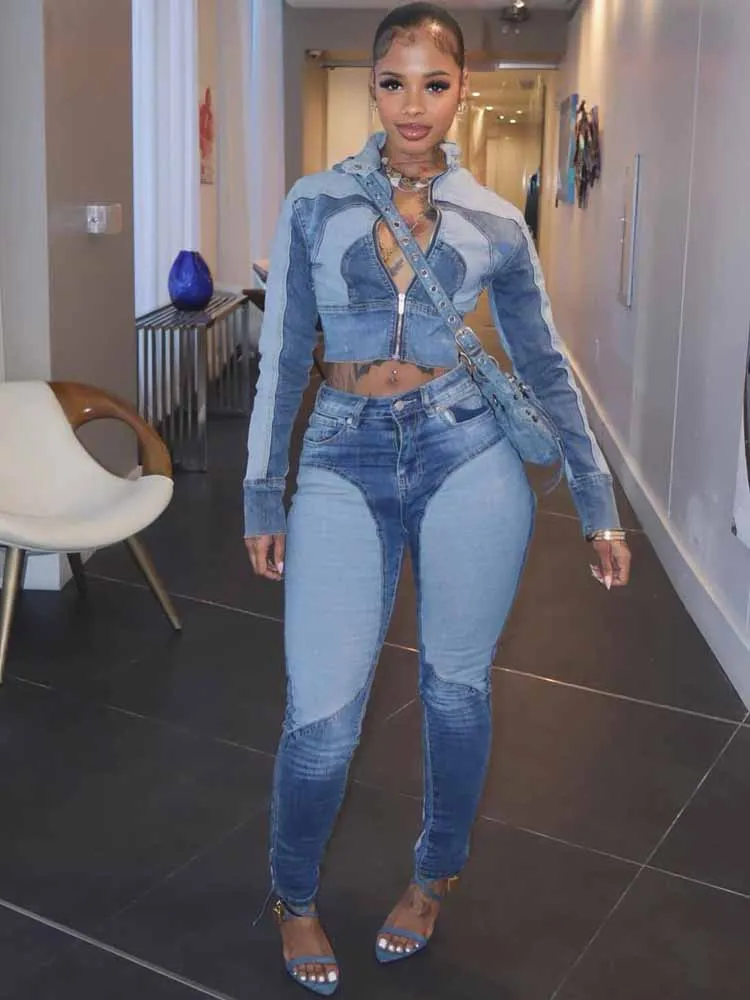 

MCDV Винтажная джинсовая лоскутная куртка и брюки, женский укороченный топ на молнии с длинными рукавами + джинсы-карандаш, уличный комплект из 2 предметов, 2025 г.