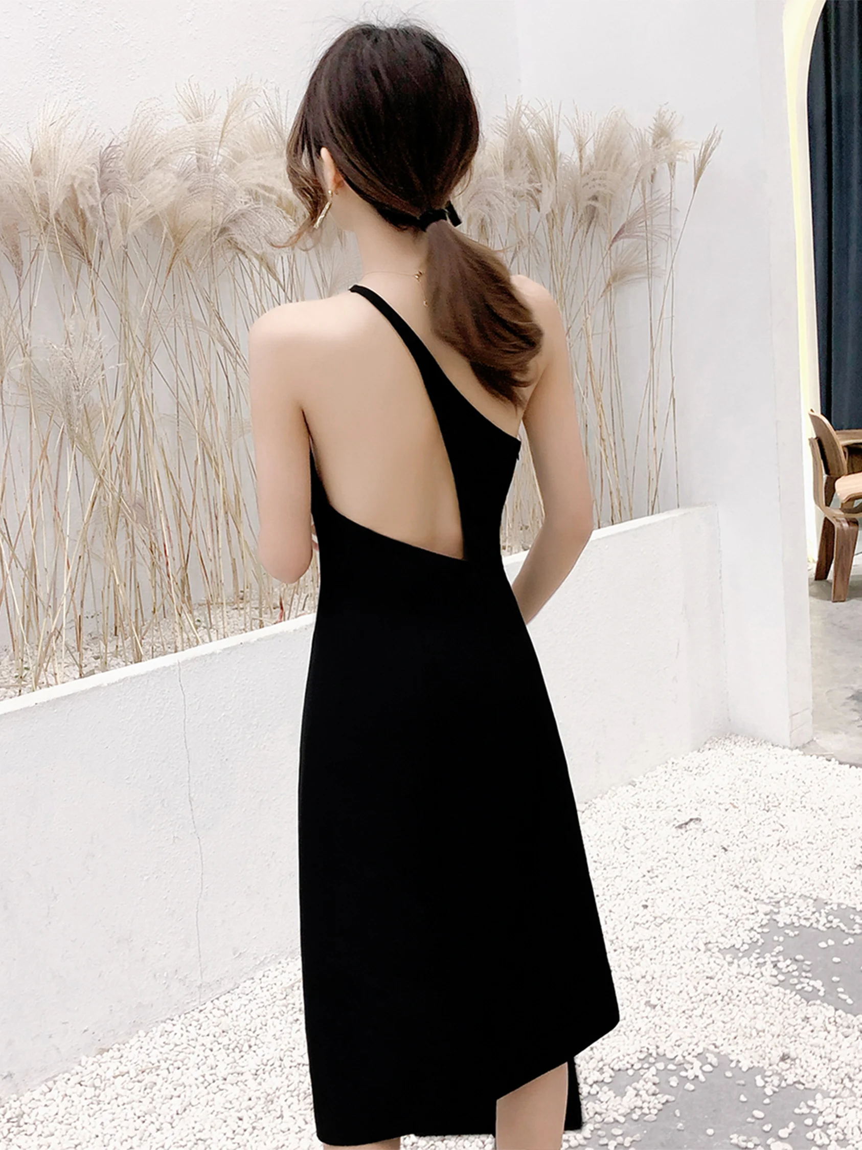 

Ele Long Bla Asymmetrical Bal Dr Sexy Split Evening Gown Korean Sle Polyester Fiber Handmade Flower Detail