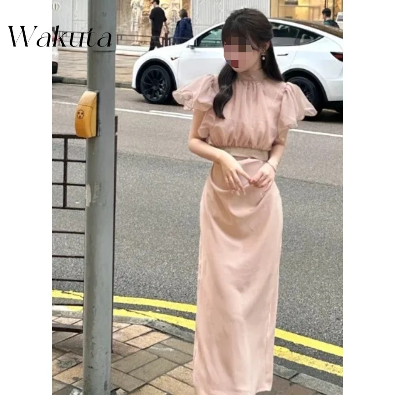 WAKUTA 2024 Japanese Spring/Summer Paper Man Style Slim Fit Beauty Short Sleeved Solid Dress Set Летнее Платье Больших Размеров