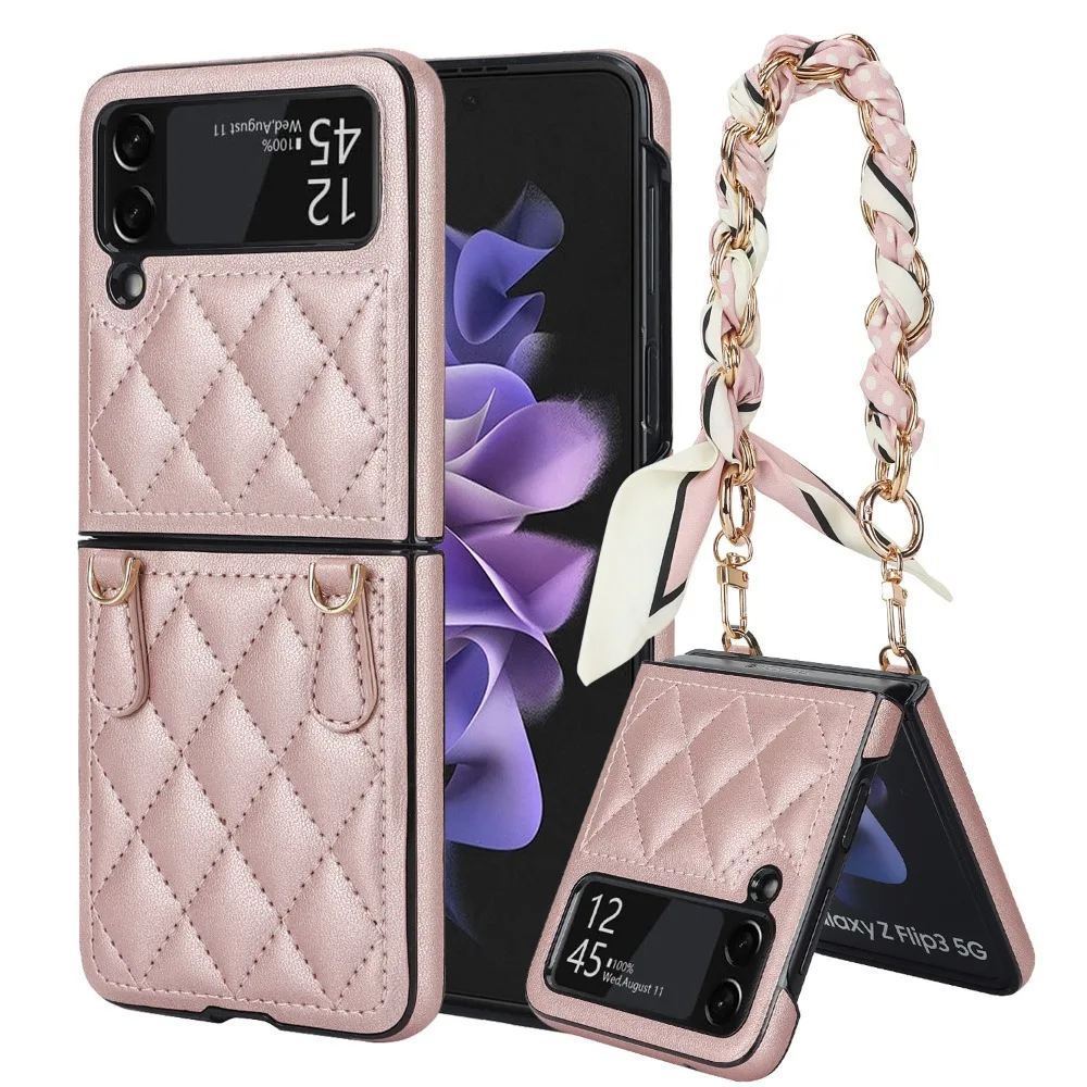 

Designer Handbag Phone Case for Samsung Z Flip 3 4 5 Case with Scarf Chain Plaid Leather Shell for Z Flip 3 Flip 4 Flip 5 Cover