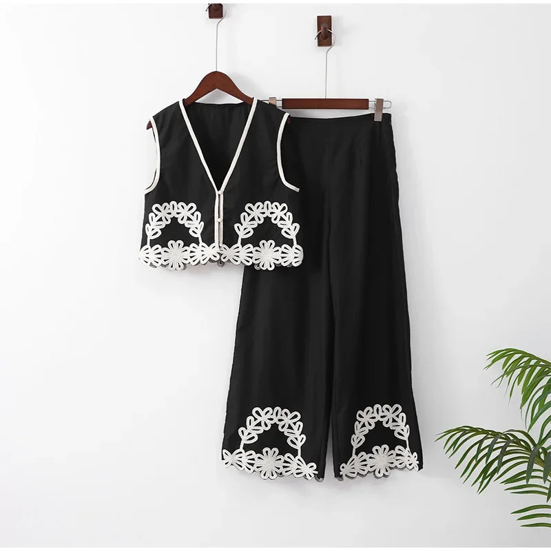 WZEDSS Summer Embroidery Vest Pants Set Women Fashion Loose High Waist Trousers Two Pieces Sets Female Ladies High Streetwear