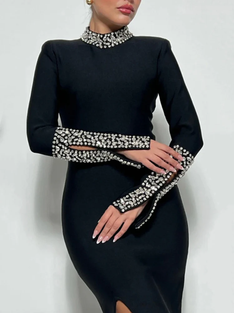 Elegantes, luxuriöses Pailletten-Abendkleid für Damen, Rundhalsausschnitt, hohe Taille, geteilt, lange Ärmel, schmales Abendessen, Abschlussball, Partykleid, Maxikleider