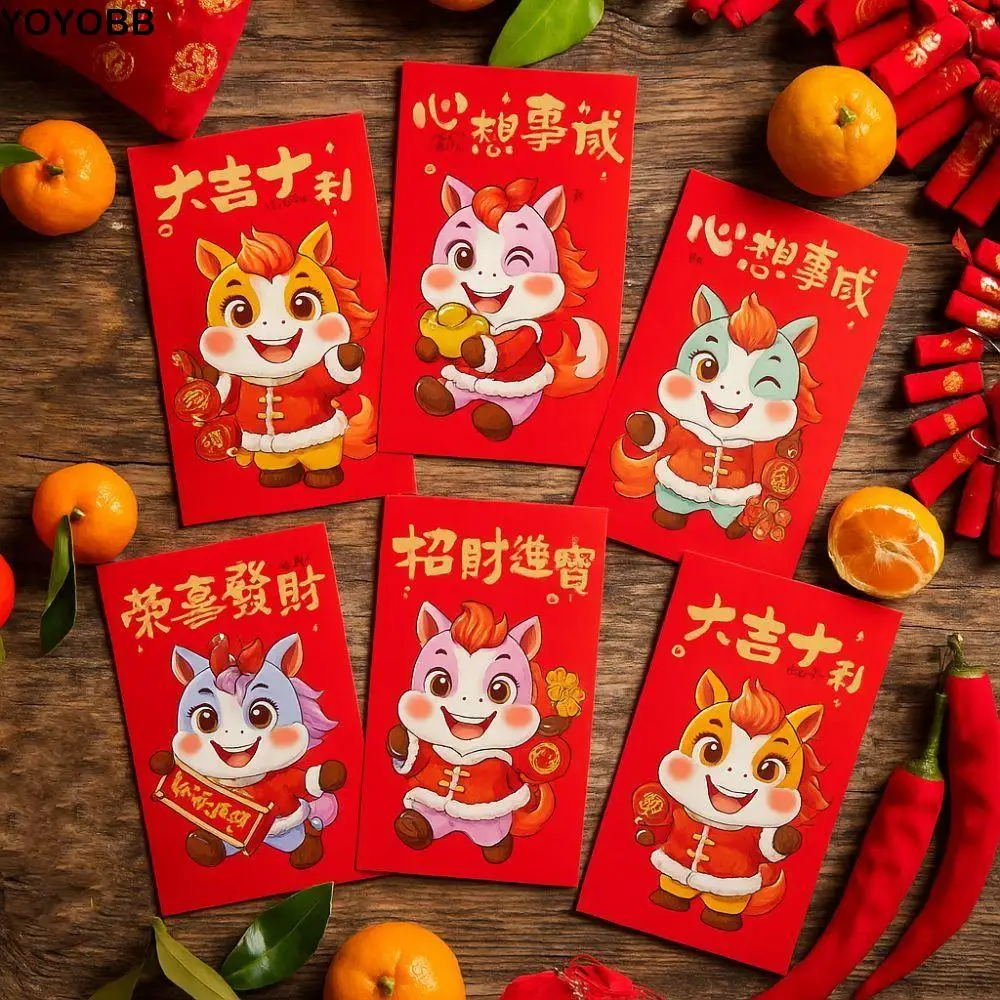 6pcs Chinese 2026 Horse Year Red Envelope Cartoon Traditional Lucky Money Envelopes Blessing Year Of Horse Red Packet