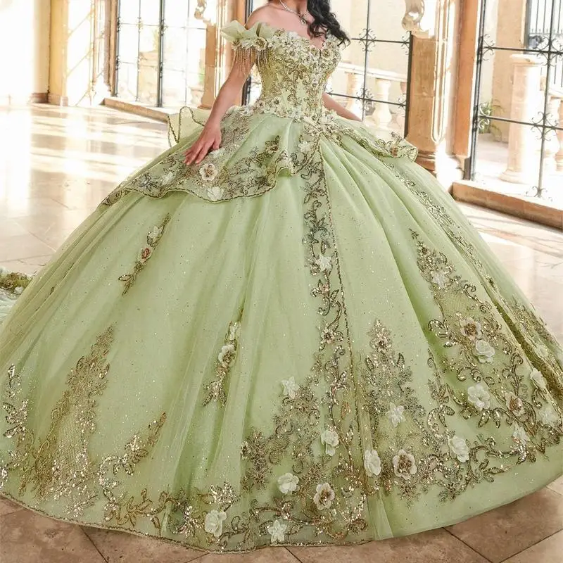 

Sage Green Shiny Quinceanera Dresses Off The Shoulder Princess Applique Beads Crystal Tull Sweet 16 Birthday Party Gown Vestido