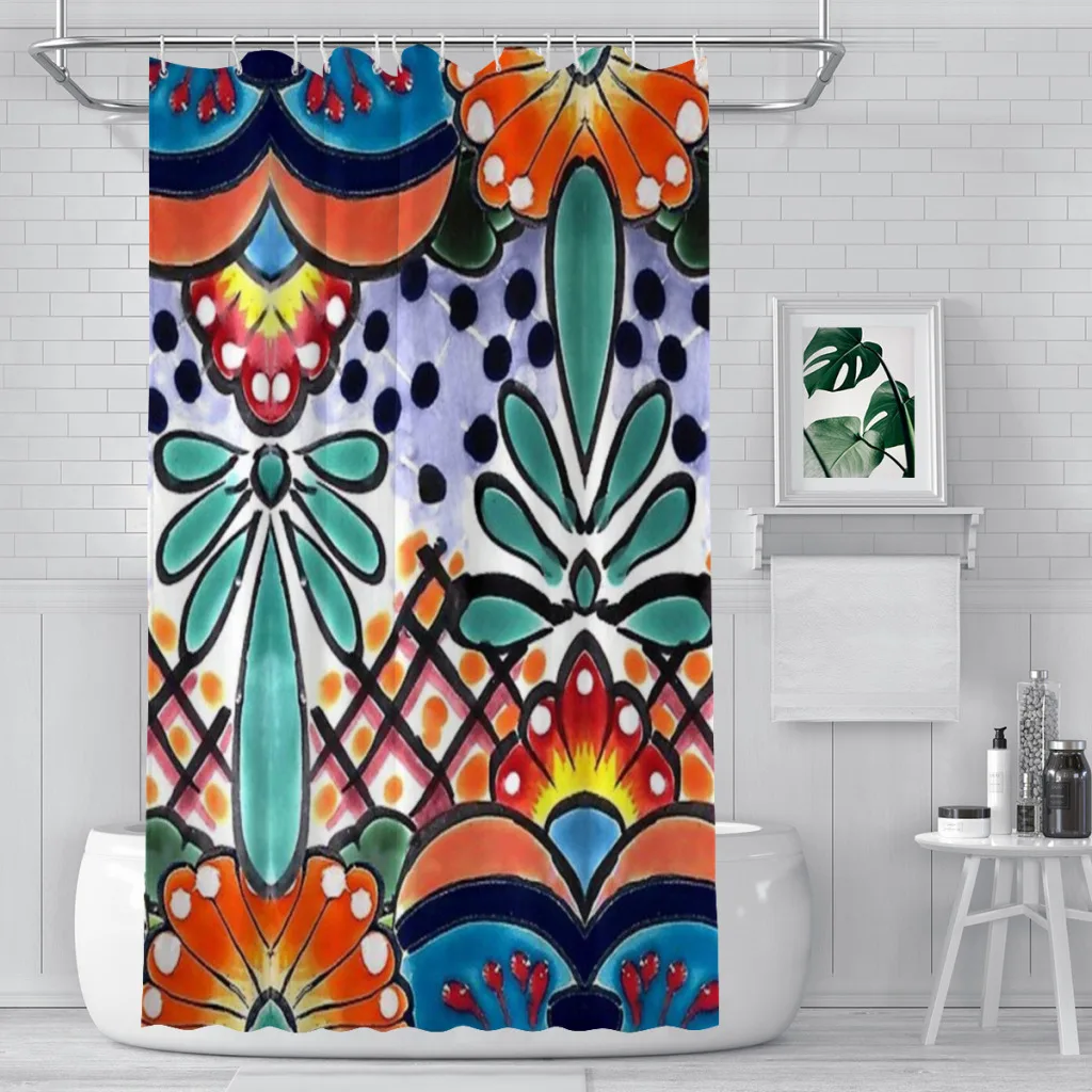 

Colorful Talavera, Orange Accent, Mexican Tile Design Unique decor Modern Fabric Bathroom Shower Curtains art Print Curtain