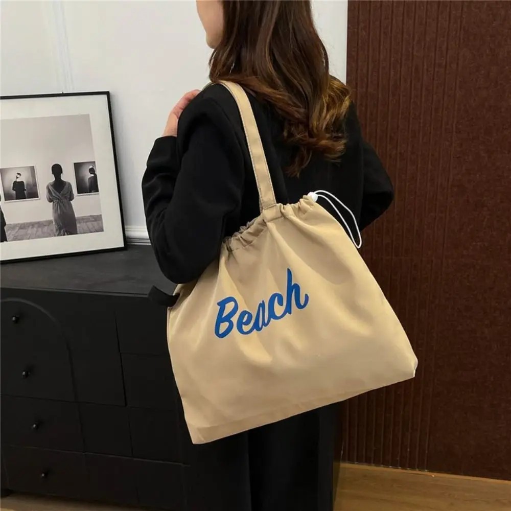 Canvas Drawstring Tote Bag Korean Style Large Capacity Nylon Shoulder Bag Shopping Bag Beach Bag Letter Printed Handbag Women