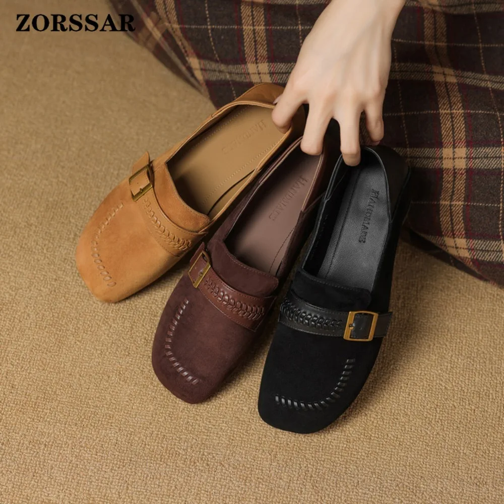 ربيع الخريف الرجعية الإناث المتسكعون 2026 نمط جديد الرومانية كعب مسطح مريح تنوعا الانزلاق على جلد الغزال النساء حذاء مسطح #3