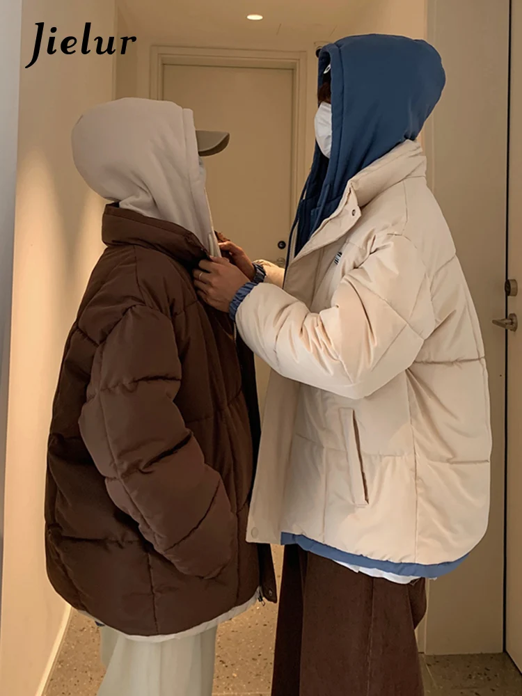 Jielur gefälschte zweiteilige Winter Kordel zug dicke warme Frauen Parkas koreanische Mode Kapuze lose schicke Reiß verschluss taschen weibliche Parkas