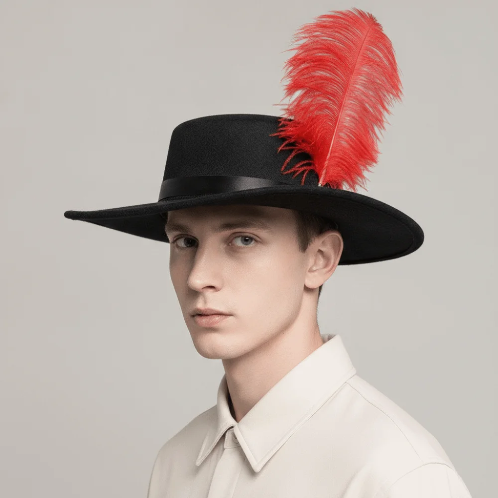 Felt Cavalier Top Hat Wide Brim Artificial Feather Feather Stage Cap Flat Top Black Masquerade Headwear Photo Studio Prop