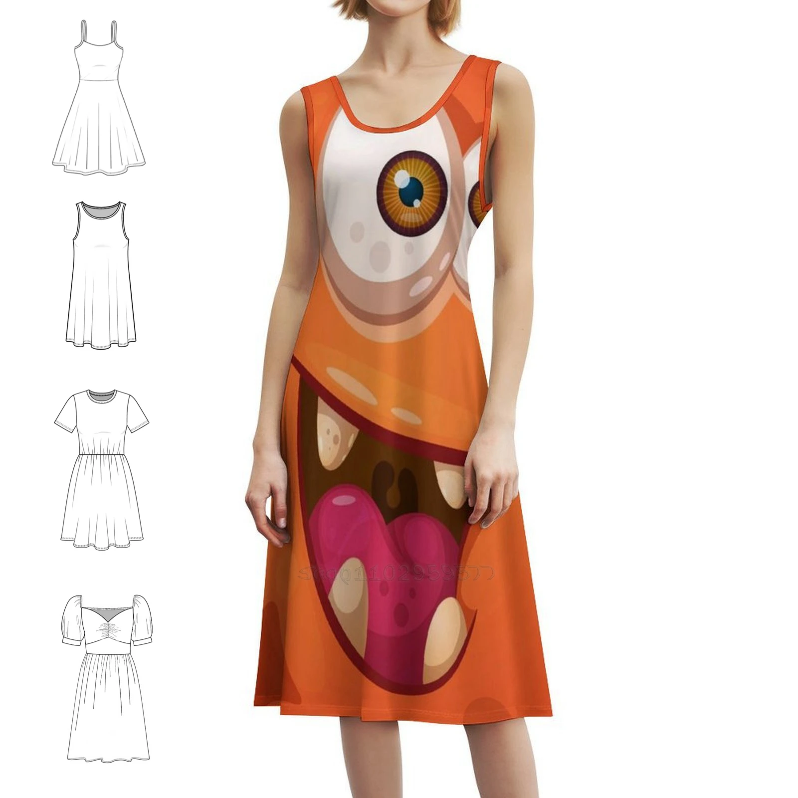 فستان بوهيمي لطيف ومجنون على شكل وحش كرتوني بدون أكمام للنساء مطبوع عليه فساتين حفلات الشاطئ وحفلات أعياد الميلاد السعيدة