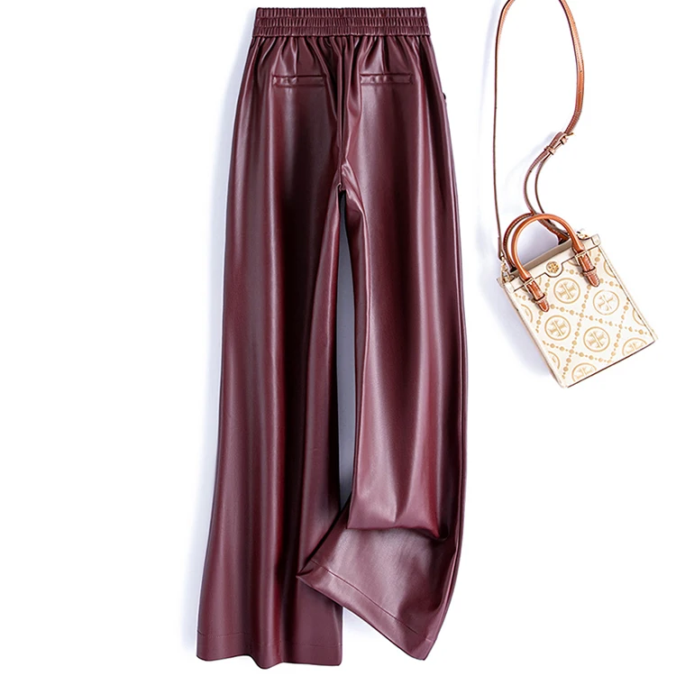 Women's elastic high waisted flared pants solid color fashionable and versatile 2025 autumn new versatile leather pants