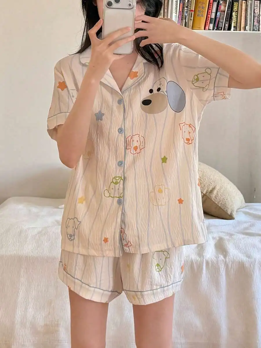 2pcs Womens Cartoon Puppy & Striped Print Lapel Short Sleeve Pajama Set Summer