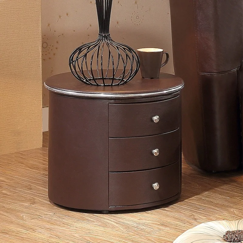 Light Luxury Nightstand Round Nightstand with Three Drawers Storage Wooden Bedroom Furniture Bedside Table