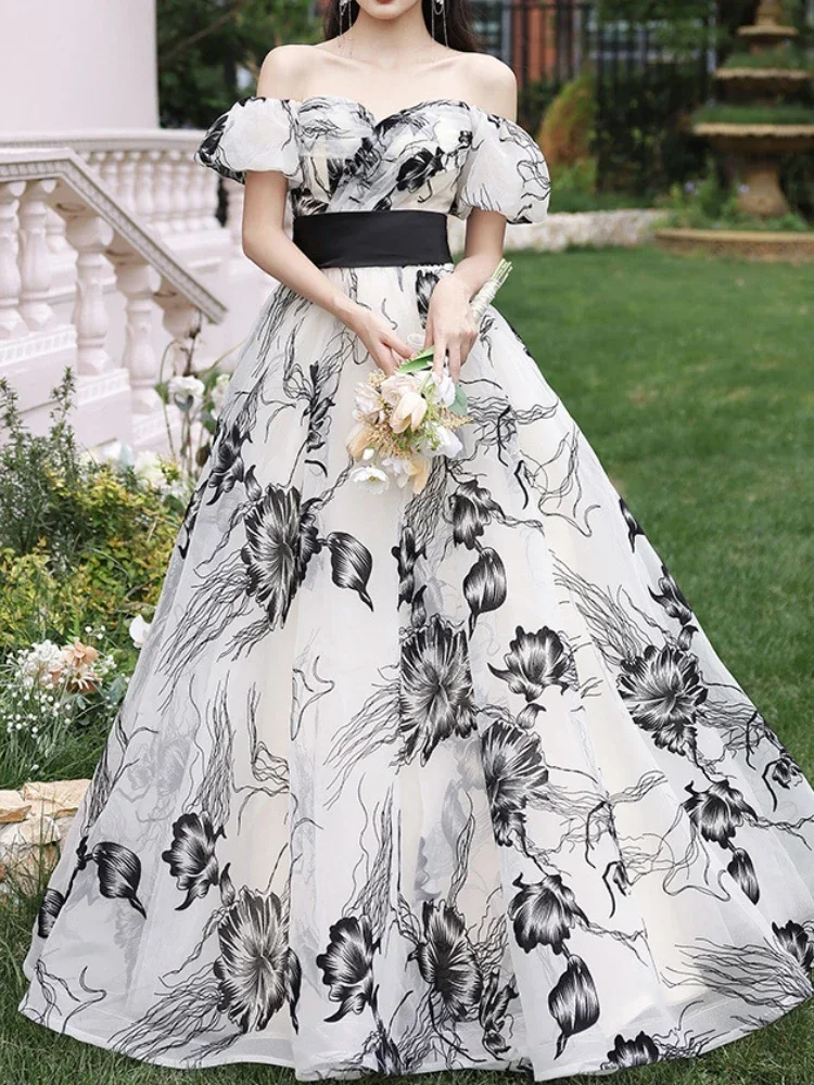 Customized French Fresh Slash Neck Puff Sleeve Vestidos Fashion Temperament Ink Print Ceremonial Robe Bow With Sashes Cascading