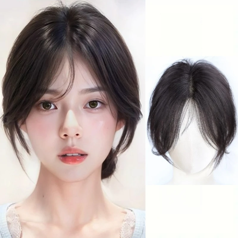 100% Remy Human Hair Air Bangs With Middle Part Traceless Easy Clips in Bangs With Invisible T-Shaped Forehead Fringe Inner Mesh