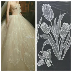 2024 New Big Flower Embroidered Tulip Flower Mesh Lace Fabric Bridal Wedding Veil Gown Sewing Fabric