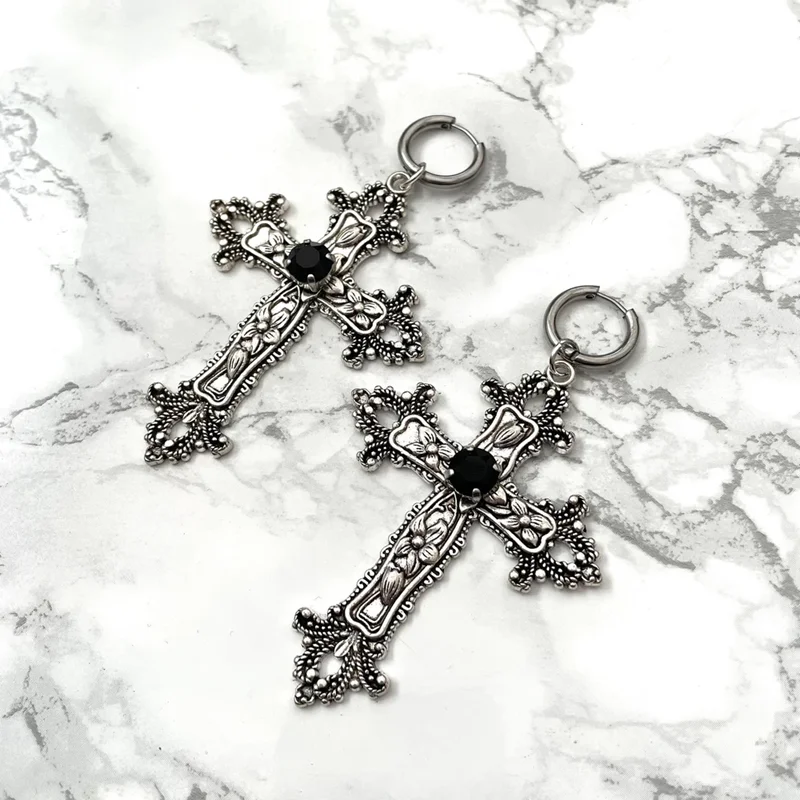 Gothic Large Silver Colour Tone Jewel Cross Earrings with Black Red Punk Hallowmas Jewellery Gorgeous Wedding Statement Women image 5